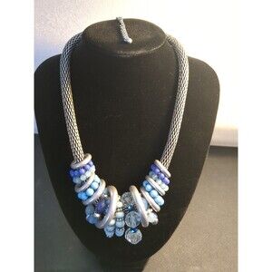 Statement Necklace Blue Beads Silver Tone Rings And Faceted Crystals